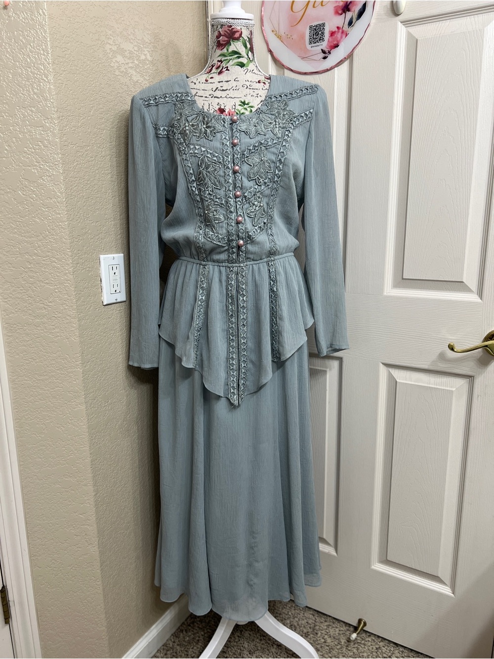 Spencer Alexis Vintage 80’s Light Blue Embroidered Long-Sleeve Maxi Dress